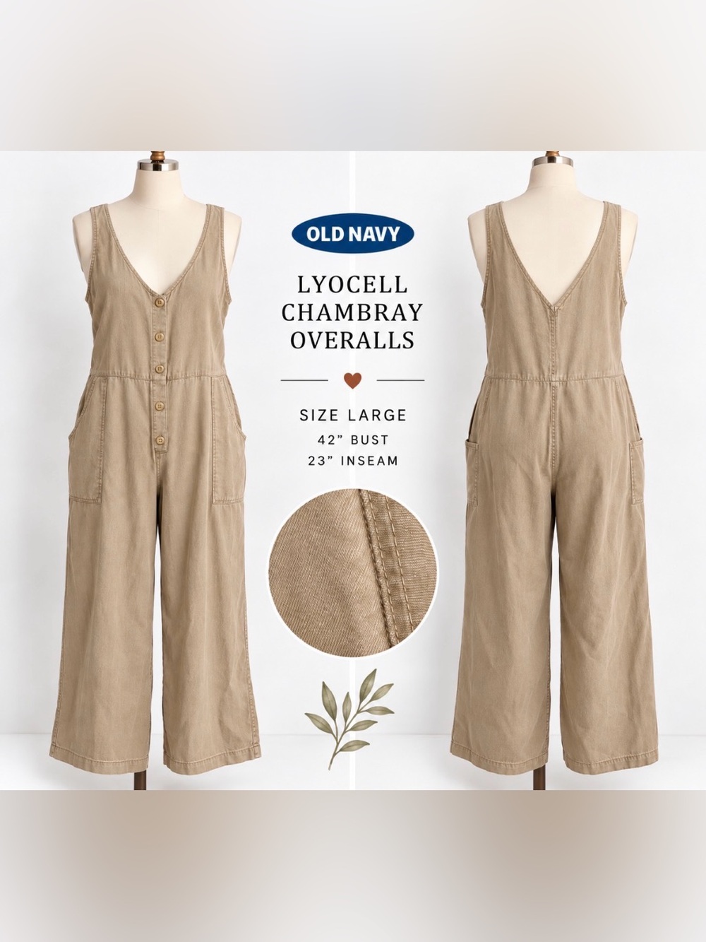 Old Navy Khaki Lyocell Chambray Wide-Leg Overalls